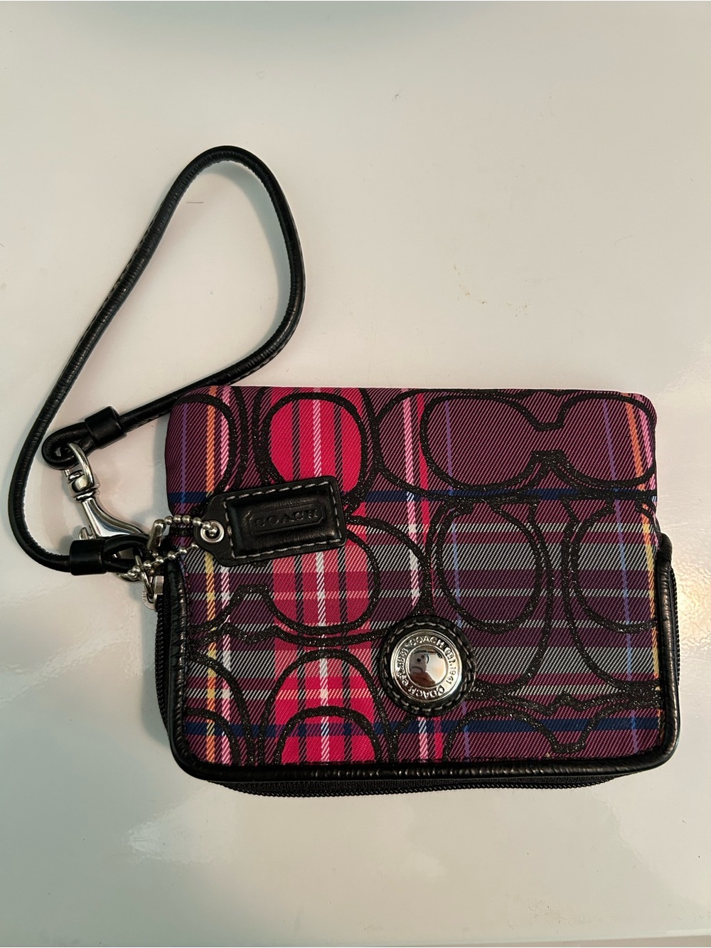 Coach Pink Plaid Signature Wristlet with Black Trim